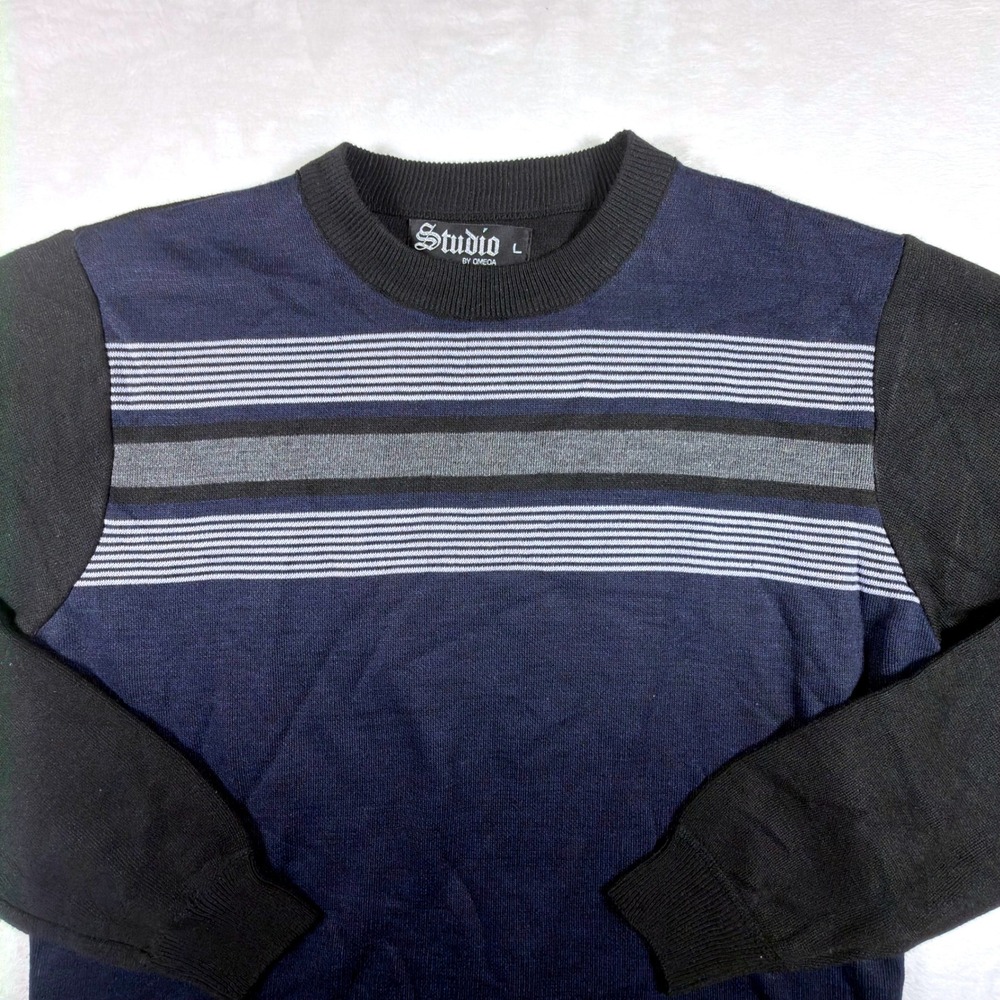 Vintage Studio by Omega Mens Large Sweater Navy Blue Black Striped Colorblock
